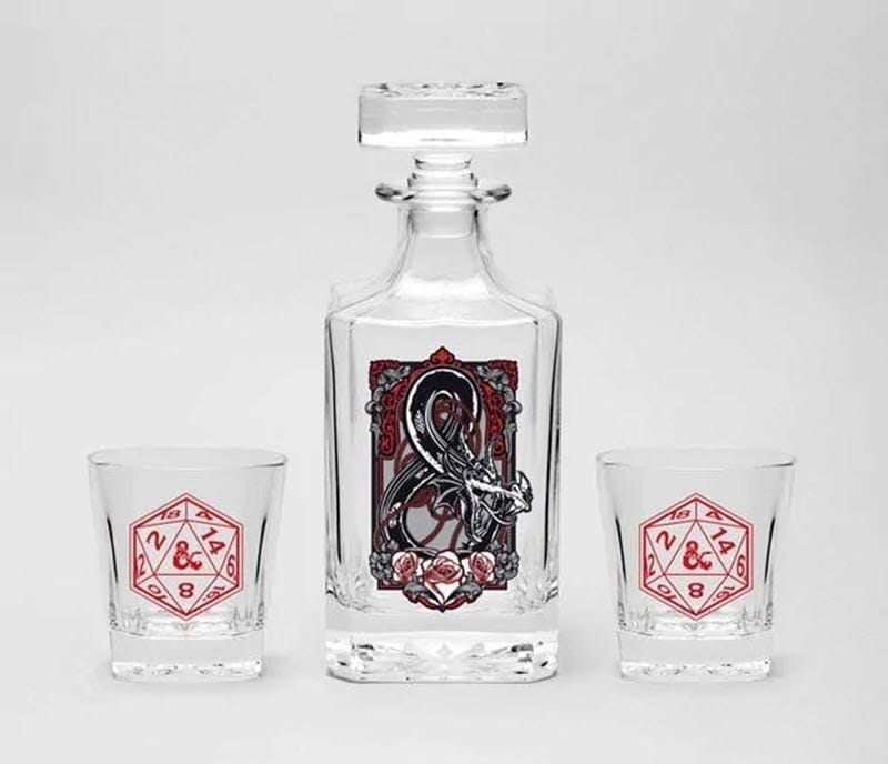 Decanter with D&D logo on it and two glasses with dice pictures