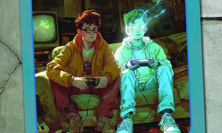 Fat Goblin Games cover of Teen Spirit - two teens, one a ghost, gaming