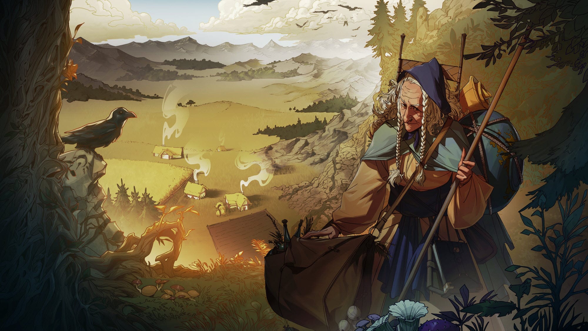 Legend in the Mist key art - a wise person on the road overlooking a village
