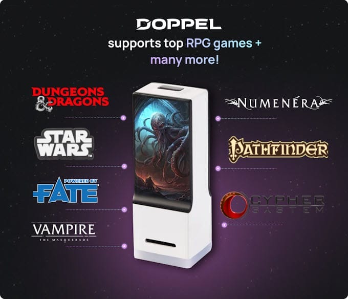 Doppel supported RPGS; D&D, Star Wars, Fate, Vampire, Numenera, Pathfinder and Cypher. 