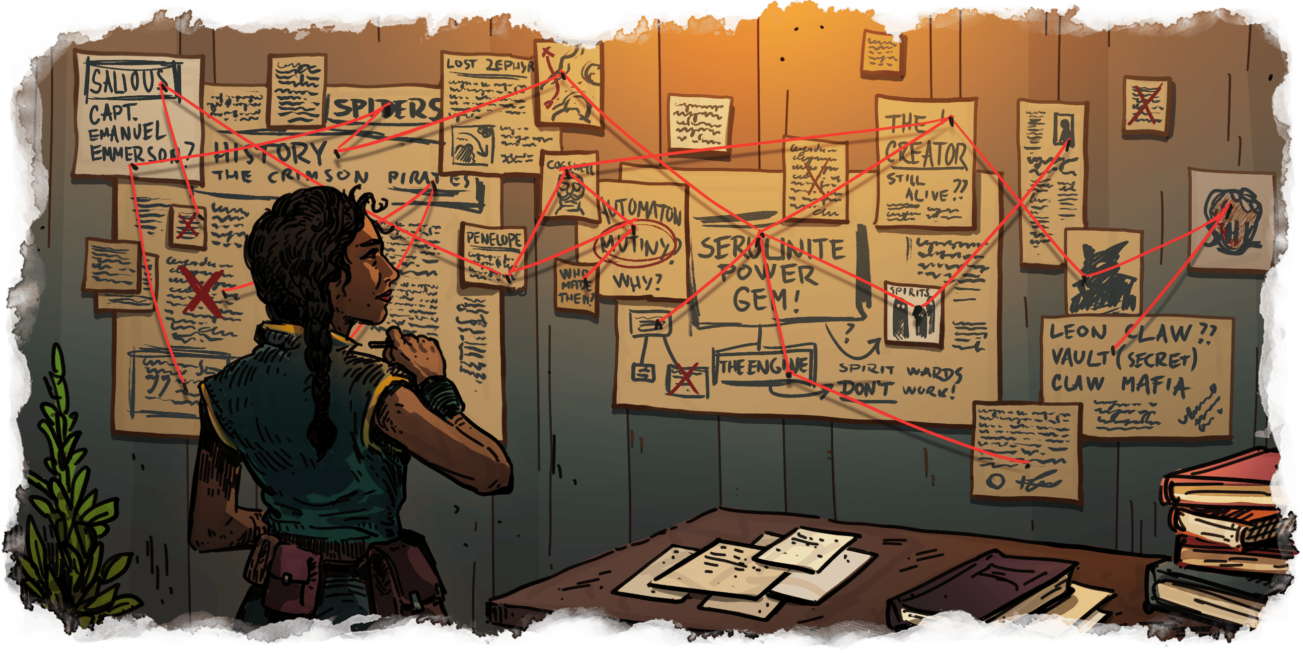 Woman studies notes pinned to wall