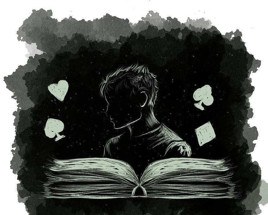 Book and person surrounded by card suites