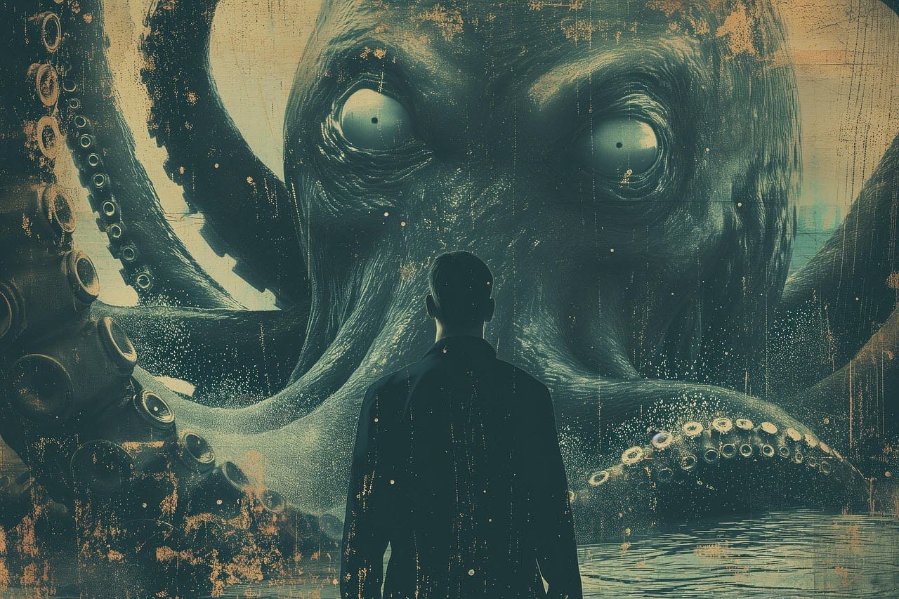 Man in front of tentacle monster