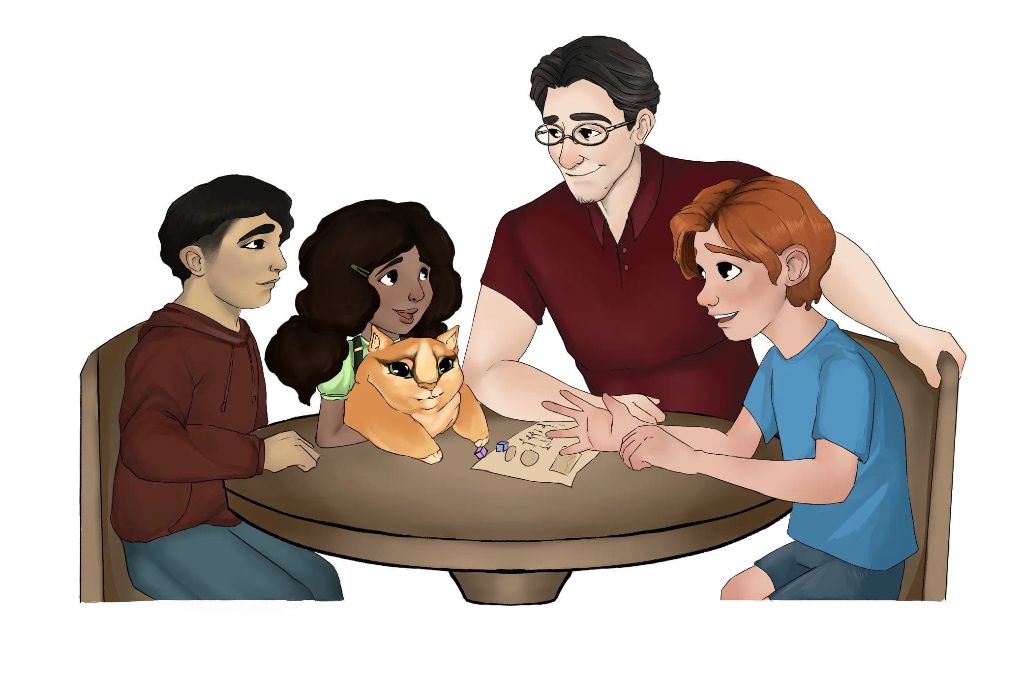 People and a cat at table