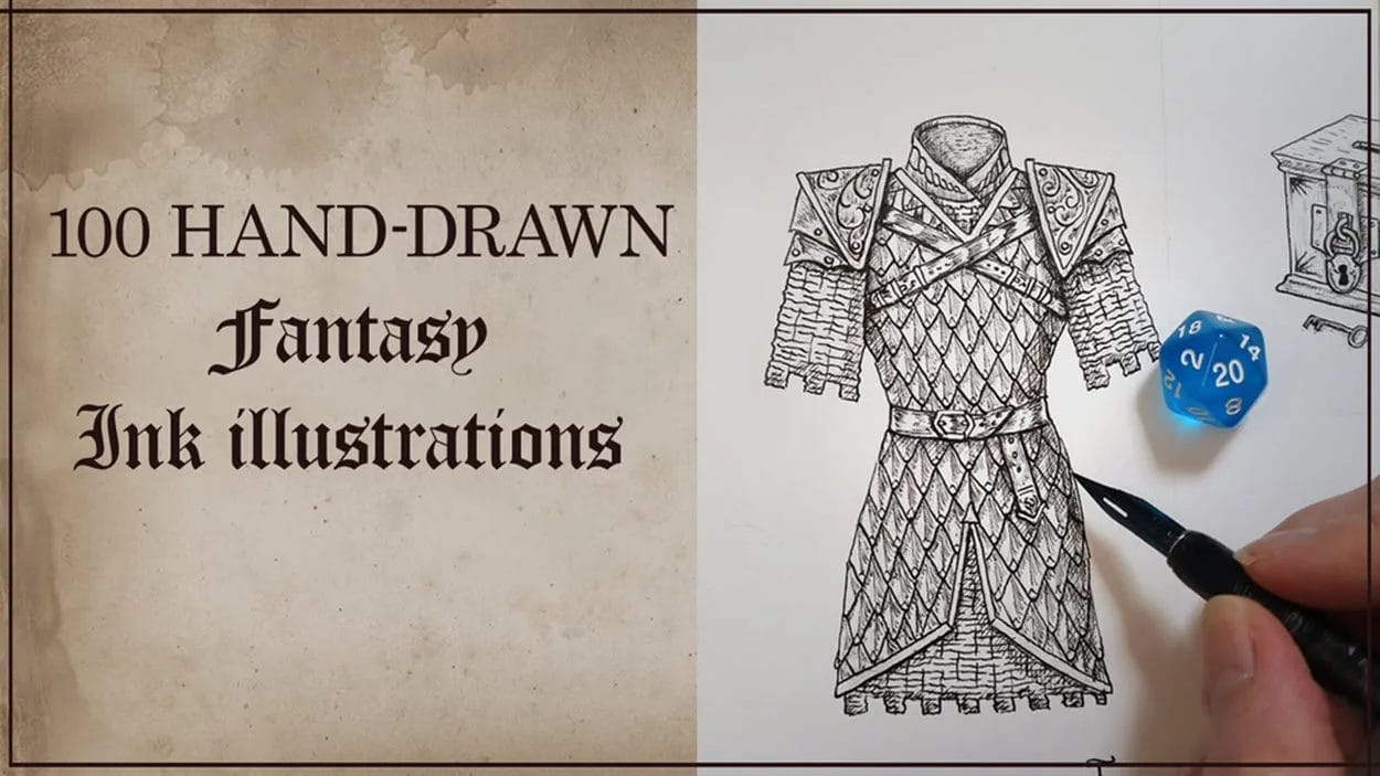 100 hand-drawn fantasy ink illustrations